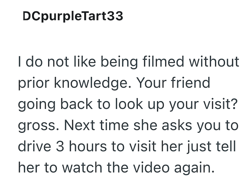 DCpurpleTart33 I do not like being filmed without prior knowledge. Your friend going back to look up your visit? gross. Next time she asks you to drive 3 hours to visit her just tell her to watch the video again.