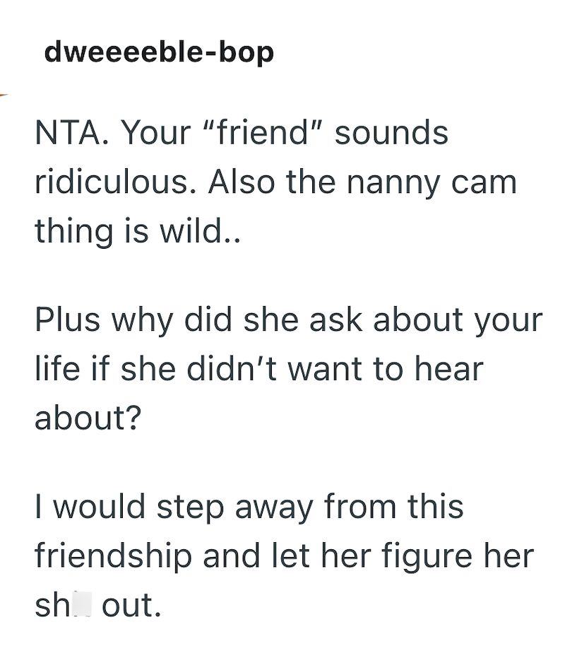 dweeeeble-bop NTA. Your "friend" sounds ridiculous. Also the nanny cam thing is wild.. Plus why did she ask about your life if she didn't want to hear about? I would step away from this friendship and let her figure her shout.