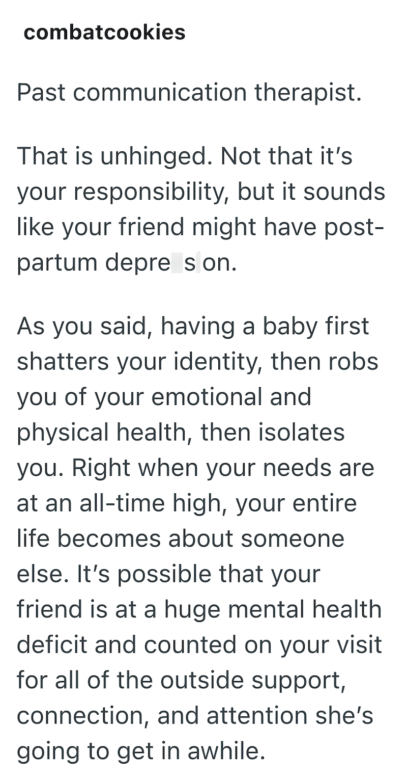 combatcookies Past communication therapist. That is unhinged. Not that it's your responsibility, but it sounds like your friend might have post- partum depre son. As you said, having a baby first shatters your identity, then robs you of your emotional and physical health, then isolates you. Right when your needs are at an all-time high, your entire life becomes about someone else. It's possible that your friend is at a huge mental health deficit and counted on your visit for all of the outside s
