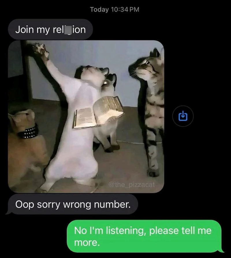 Join my rel ion Today 10:34 PM @the_pizzacat G Oop sorry wrong number. No I'm listening, please tell me more.