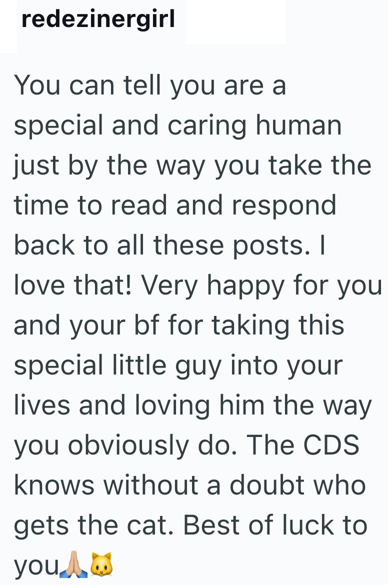 redezinergirl You can tell you are a special and caring human just by the way you take the time to read and respond back to all these posts. I love that! Very happy for you and your bf for taking this special little guy into your lives and loving him the way you obviously do. The CDS knows without a doubt who gets the cat. Best of luck to you⭑8