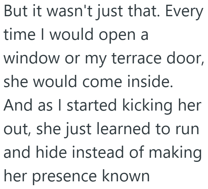 But it wasn't just that. Every time I would open a window or my terrace door, she would come inside. And as I started kicking her out, she just learned to run and hide instead of making her presence known