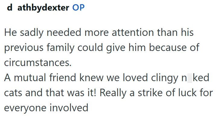 athbydexter OP He sadly needed more attention than his previous family could give him because of circumstances. A mutual friend knew we loved clingy n ked cats and that was it! Really a strike of luck for everyone involved