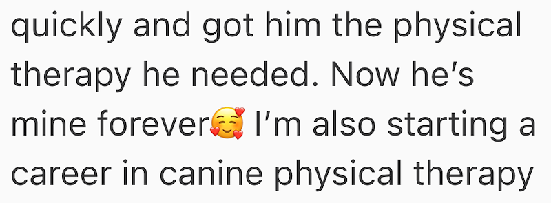 quickly and got him the physical therapy he needed. Now he's mine forever I'm also starting a career in canine physical therapy