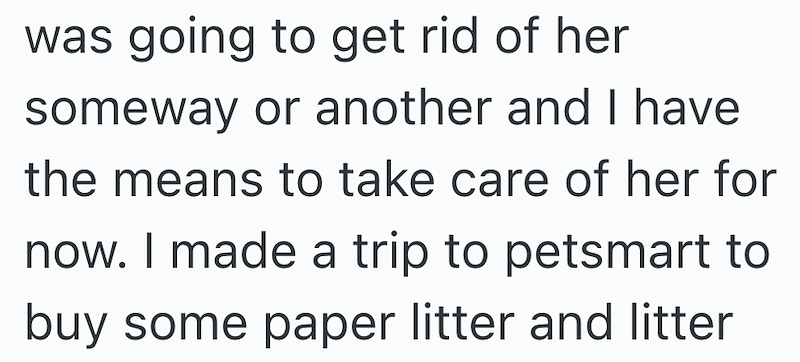 was going to get rid of her someway or another and I have the means to take care of her for now. I made a trip to petsmart to buy some paper litter and litter