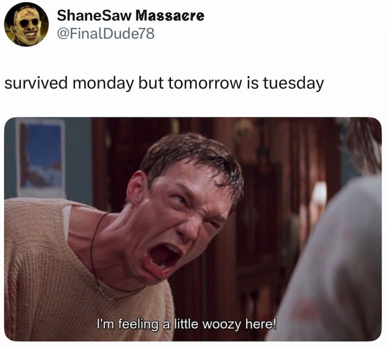 ShaneSaw Massacre @FinalDude78 survived monday but tomorrow is tuesday I'm feeling a little woozy here!