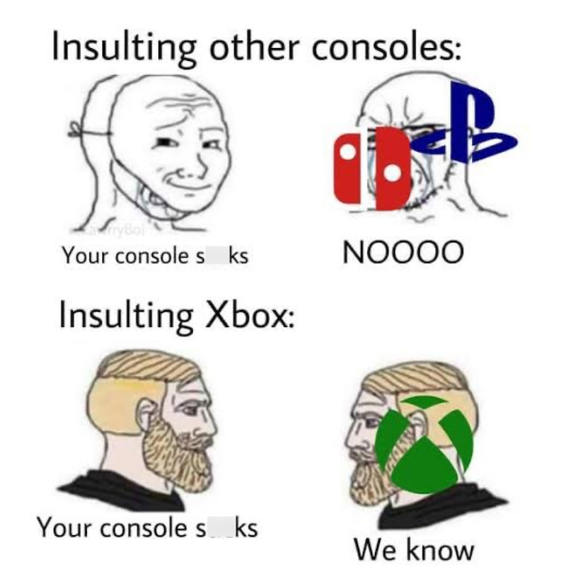 Insulting other consoles: TryBol Your console s ks Insulting Xbox: NOOOO Your console s_ks We know