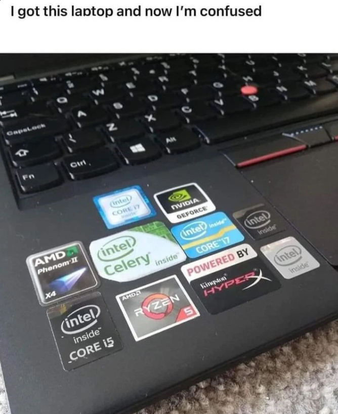 CapsLock Fn I got this laptop and now I'm confused Ctri Z (intel CORE 17 AMD Phenom-II (intel X4 Celery (intel AMDA inside CORE 15 All NVIDIA GEFORCE (Intel) inside intel inside CORE 17 Inside RYZEN POWERED BY Kingston HYPER 5 (intel inside