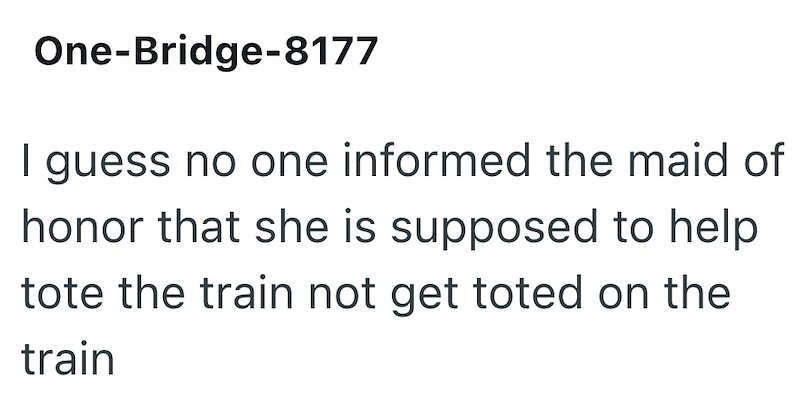 One-Bridge-8177 I guess no one informed the maid of honor that she is supposed to help tote the train not get toted on the train