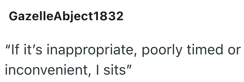 GazelleAbject1832 "If it's inappropriate, poorly timed or inconvenient, I sits"