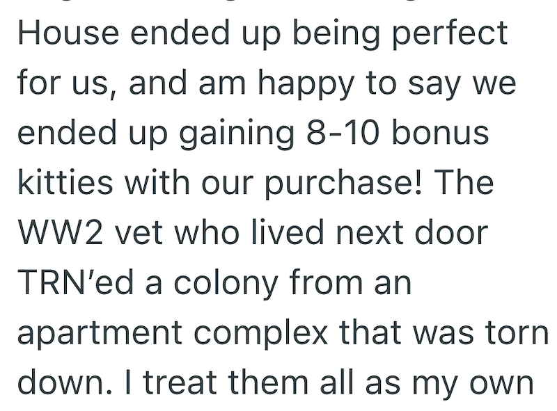 House ended up being perfect for us, and am happy to say we ended up gaining 8-10 bonus kitties with our purchase! The WW2 vet who lived next door TRN'ed a colony from an apartment complex that was torn down. I treat them all as my own