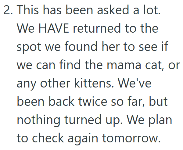 2. This has been asked a lot. We HAVE returned to the spot we found her to see if we can find the mama cat, or any other kittens. We've been back twice so far, but nothing turned up. We plan to check again tomorrow.