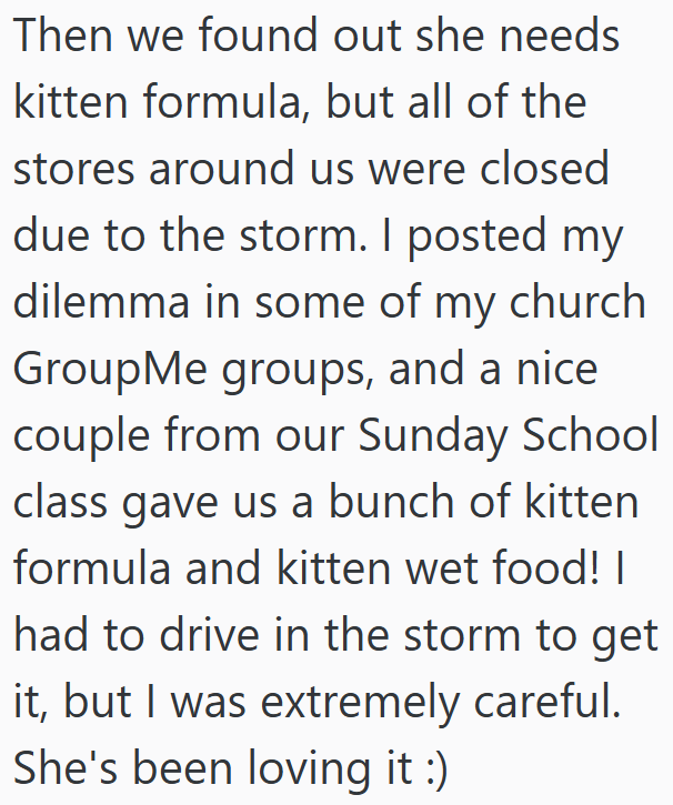 Then we found out she needs kitten formula, but all of the stores around us were closed due to the storm. I posted my dilemma in some of my church GroupMe groups, and a nice couple from our Sunday School class gave us a bunch of kitten formula and kitten wet food! I had to drive in the storm to get it, but I was extremely careful. She's been loving it :)