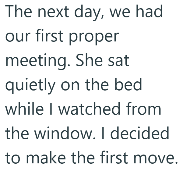 The next day, we had our first proper meeting. She sat quietly on the bed while I watched from the window. I decided to make the first move.