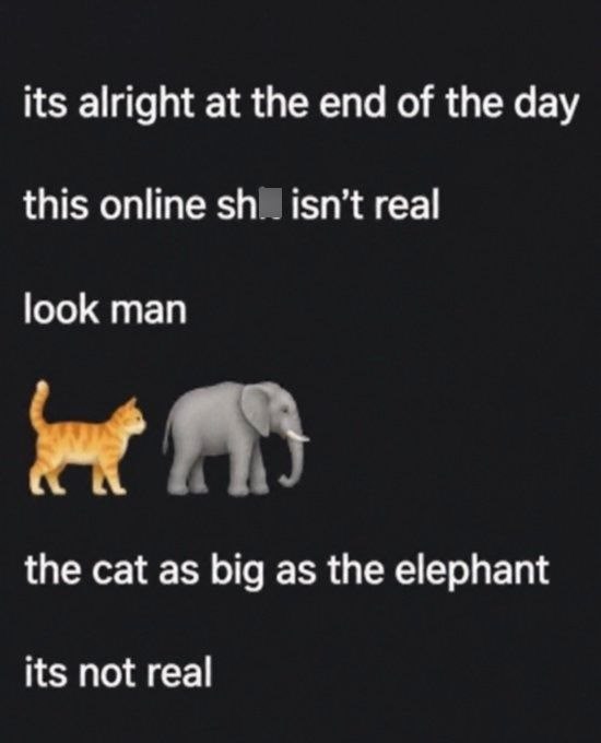 its alright at the end of the day this online shisn't real look man the cat as big as the elephant its not real