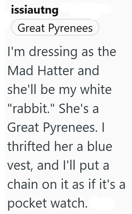 issiautng Great Pyrenees I'm dressing as the Mad Hatter and she'll be my white "rabbit." She's a Great Pyrenees. I thrifted her a blue vest, and I'll put a chain on it as if it's a pocket watch.