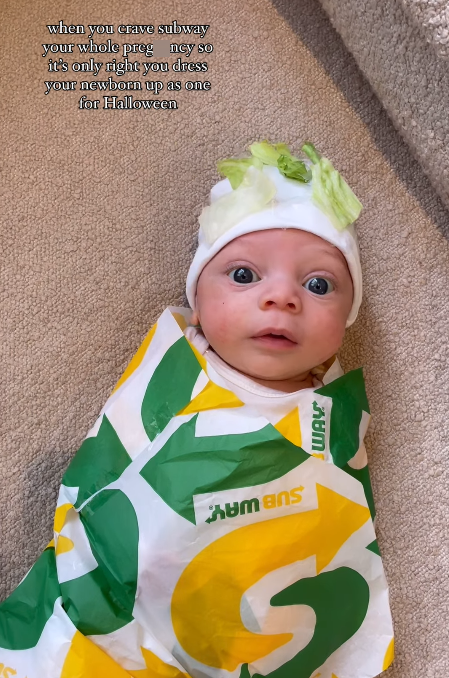 when you crave subway your whole preg ney so it's only right you dress your newborn up as one for Halloween UM humans