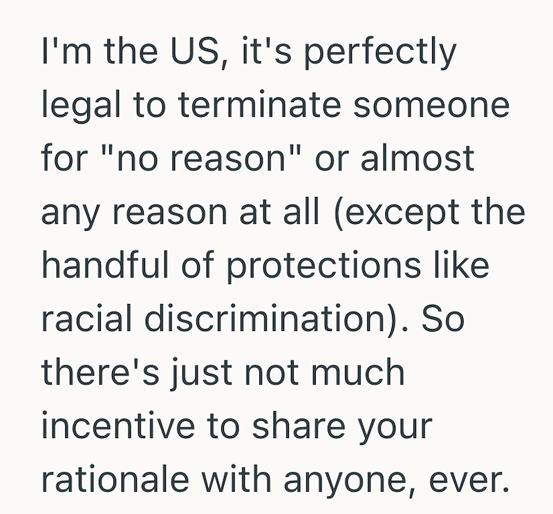 I'm the US, it's perfectly legal to terminate someone for "no reason" or almost any reason at all (except the handful of protections like racial discrimination). So there's just not much incentive to share your rationale with anyone, ever.