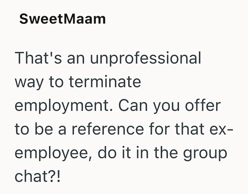 SweetMaam That's an unprofessional way to terminate employment. Can you offer to be a reference for that ex- employee, do it in the group chat?!