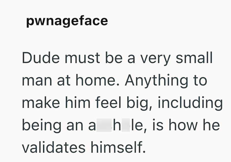 pwnageface Dude must be a very small man at home. Anything to make him feel big, including being an ah le, is how he validates himself.