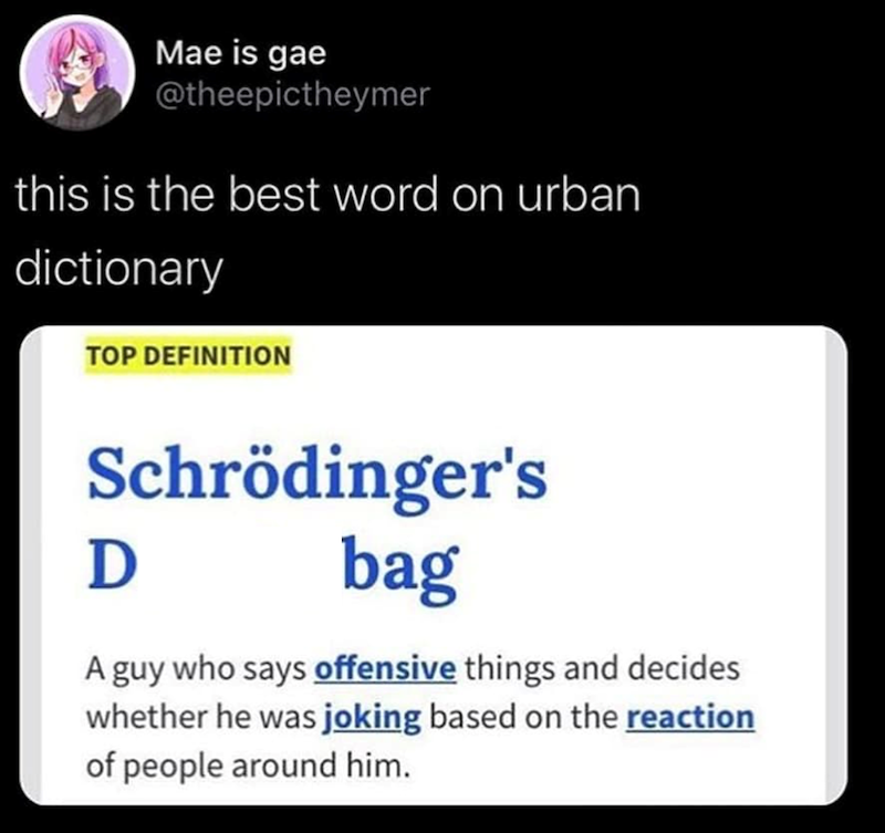 Mae is gae @theepictheymer this is the best word on urban dictionary TOP DEFINITION Schrödinger's Ꭰ bag A guy who says offensive things and decides whether he was joking based on the reaction of people around him.