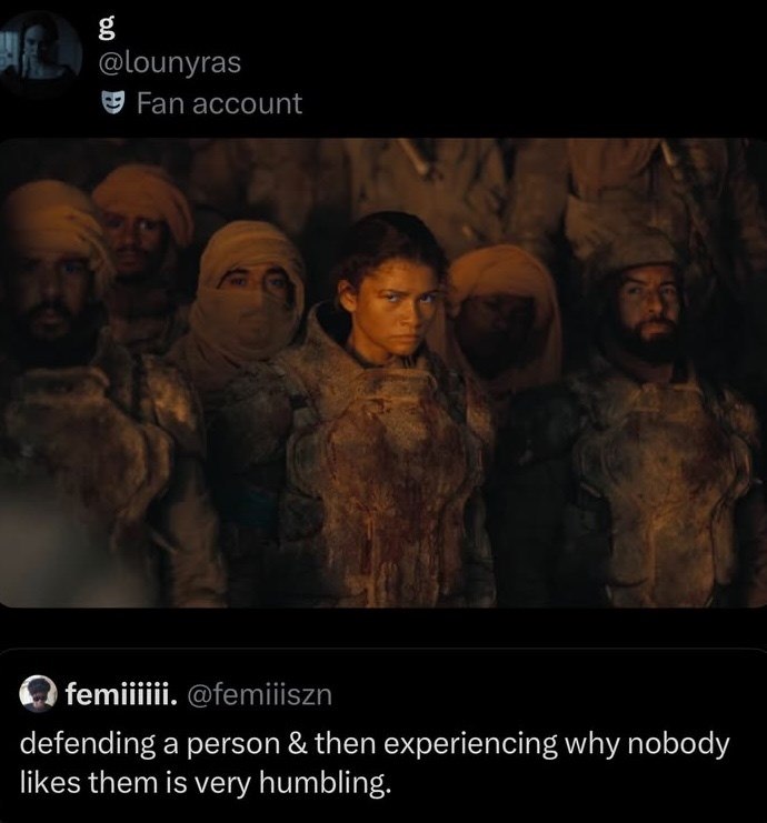 g @lounyras Fan account femiiiiii. @femiiiszn defending a person & then experiencing why nobody likes them is very humbling.