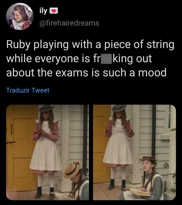 ily ❤ @firehairedreams Ruby playing with a piece of string while everyone is frking out about the exams is such a mood Traduzir Tweet LANER