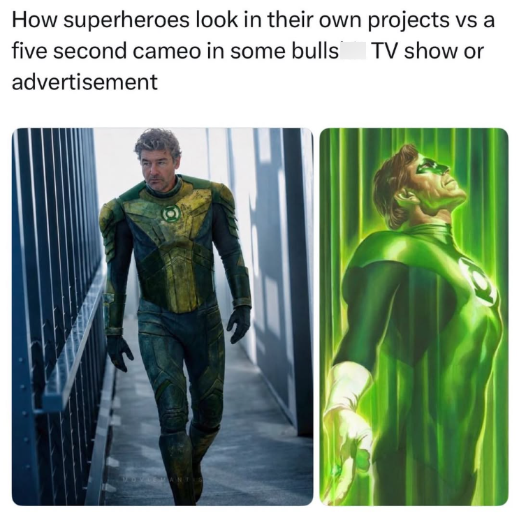 How superheroes look in their own projects vs a five second cameo in some bulls advertisement TV show or LEMANTIS