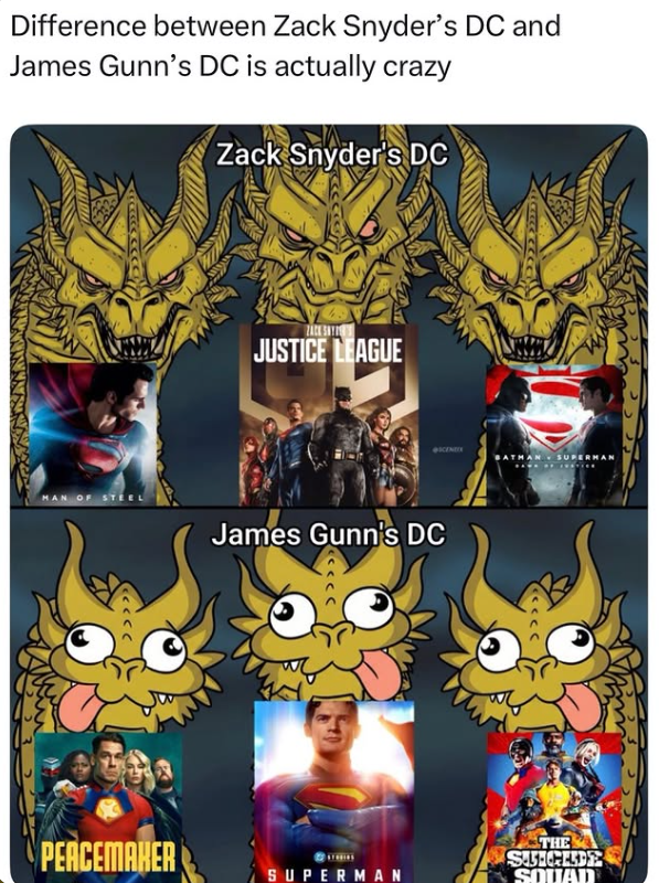 Difference between Zack Snyder's DC and James Gunn's DC is actually crazy Zack Snyder's DC JUSTICE LEAGUE N OF STEEL James Gunn's DC PEACEMAKER SUPERMAN ATM SUPERMAN THE SAUCELDER SQUAD