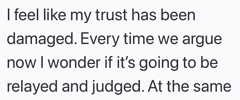 I feel like my trust has been damaged. Every time we argue now I wonder if it's going to be relayed and judged. At the same