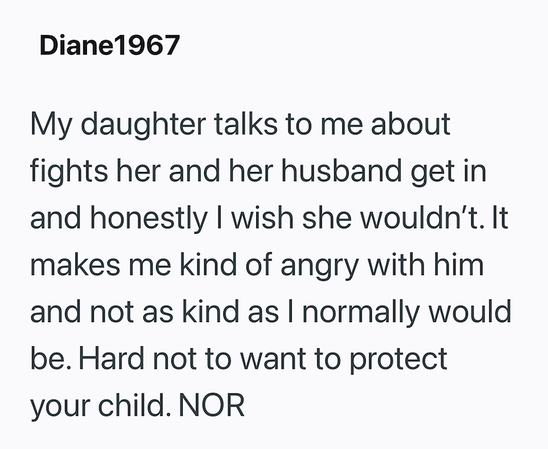 Diane1967 My daughter talks to me about fights her and her husband get in and honestly I wish she wouldn't. It makes me kind of angry with him and not as kind as I normally would be. Hard not to want to protect your child. NOR