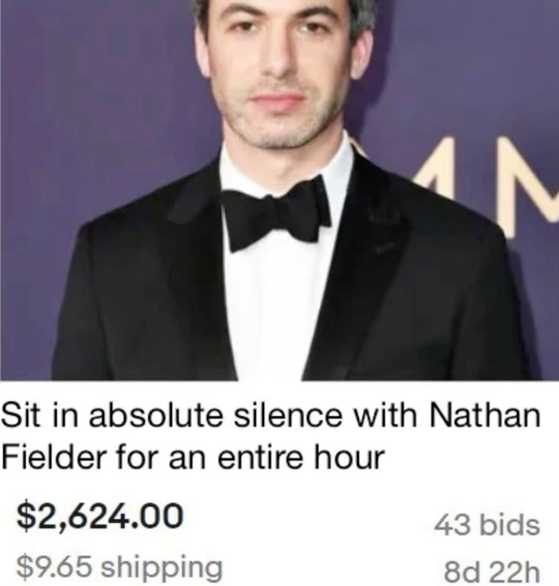 N Sit in absolute silence with Nathan Fielder for an entire hour $2,624.00 $9.65 shipping 43 bids 8d 22h