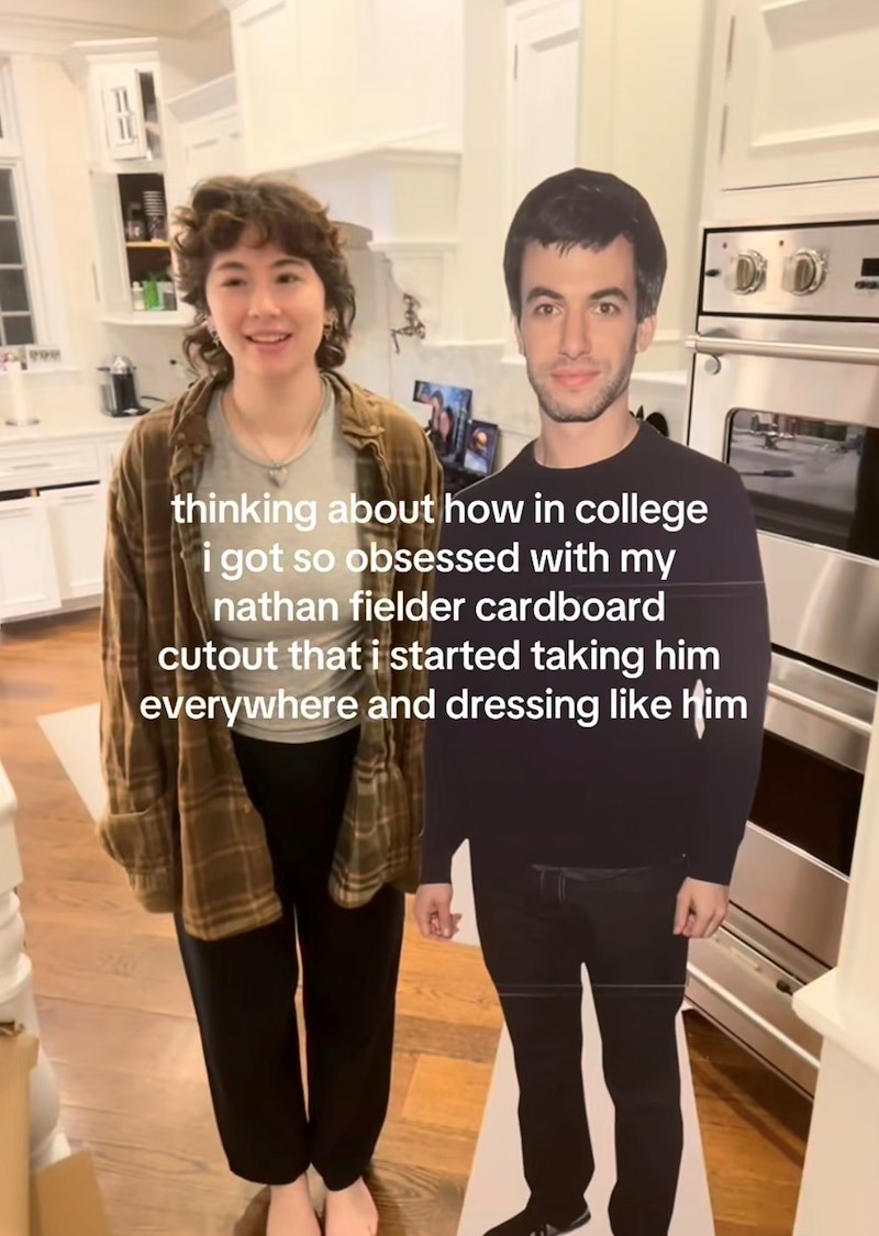 thinking about how in college i got so obsessed with my nathan fielder cardboard cutout that i started taking him everywhere and dressing like him