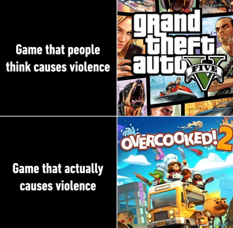 Game that people think causes violence gRand theft auto FIVE V N Game that actually causes violence OVERCOOKED!