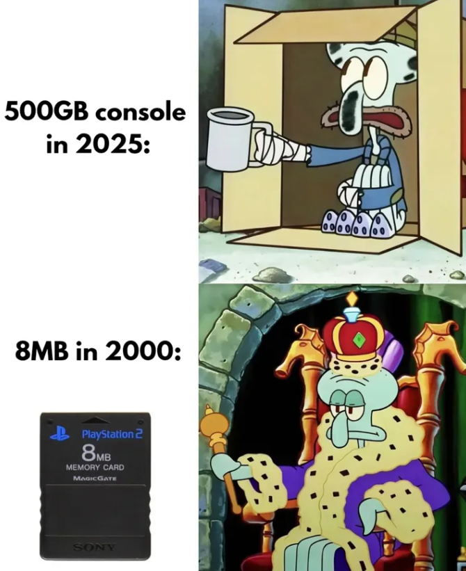 500GB console in 2025: 8MB in 2000: PlayStation 2 8MB MEMORY CARD MAGIC GATE SONY 00