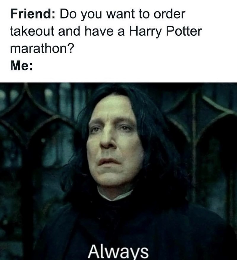 Friend: Do you want to order takeout and have a Harry Potter marathon? Me: Always