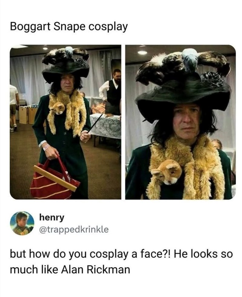 Boggart Snape cosplay henry @trappedkrinkle but how do you cosplay a face?! He looks so much like Alan Rickman