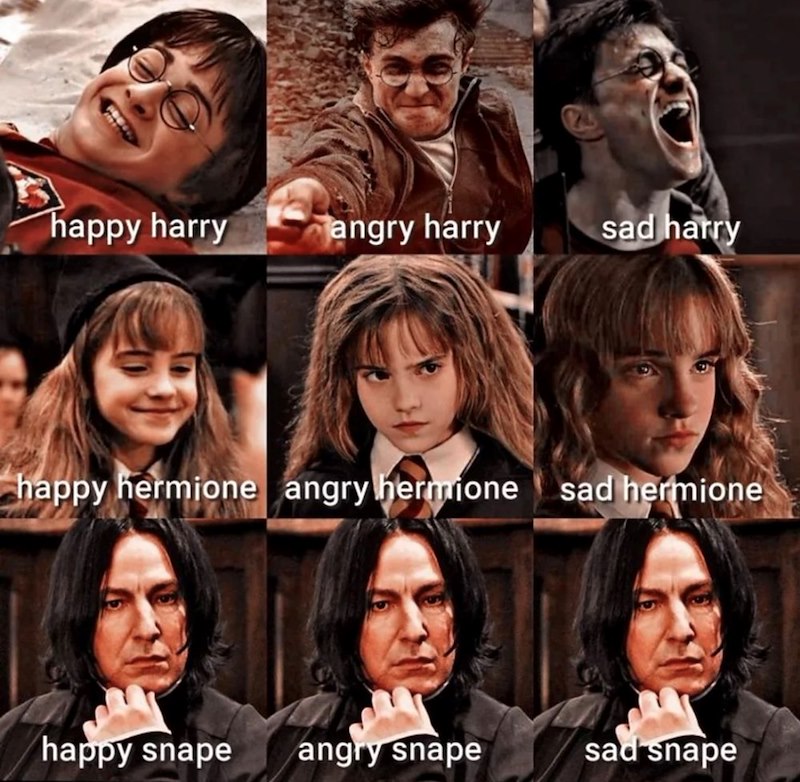 happy harry angry harry sad harry happy hermione angry hermione sad hermione happy snape angry snape sad snape