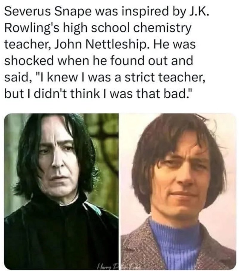 Severus Snape was inspired by J.K. Rowling's high school chemistry teacher, John Nettleship. He was shocked when he found out and said, "I knew I was a strict teacher, but I didn't think I was that bad." Marry De