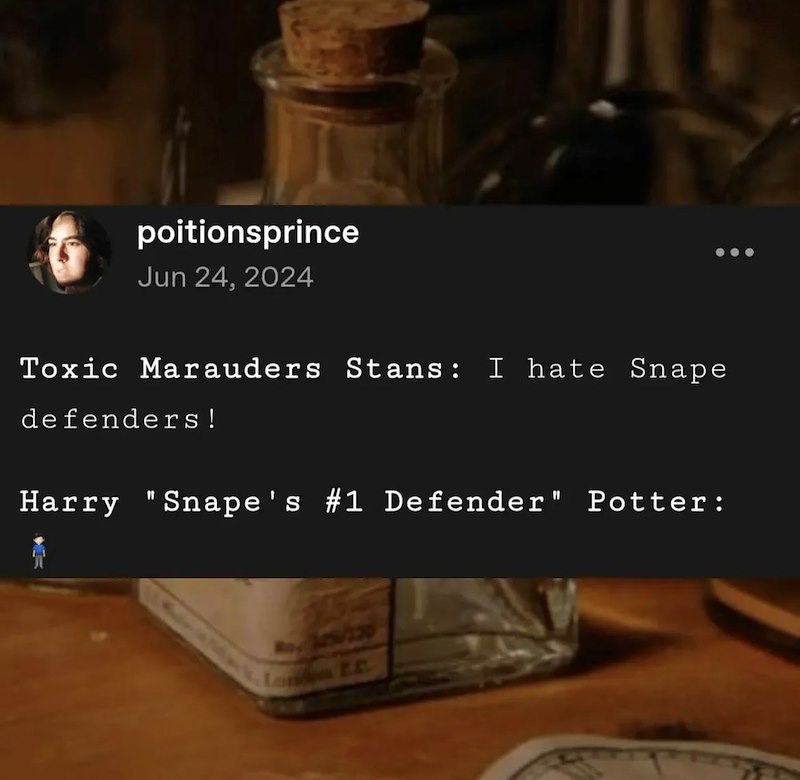 poitionsprince Jun 24, 2024 Toxic Marauders Stans: I hate Snape defenders! Harry "Snape's #1 Defender" Potter: J25/120