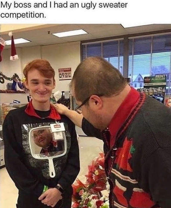 My boss and I had an ugly sweater competition. 0920 RENT ALQUILER