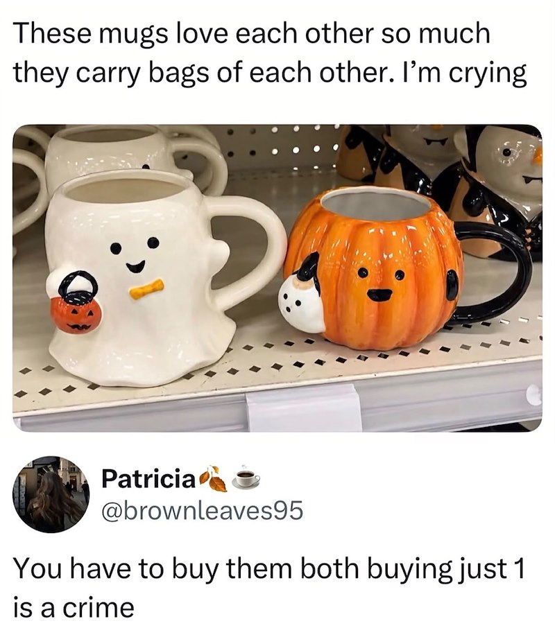 These mugs love each other so much. they carry bags of each other. I'm crying Patricia @brownleaves95 You have to buy them both buying just 1 is a crime