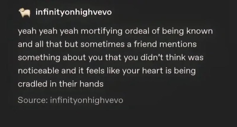 infinityonhighvevo yeah yeah yeah mortifying ordeal of being known and all that but sometimes a friend mentions something about you that you didn't think was noticeable and it feels like your heart is being cradled in their hands Source: infinityonhighvevo