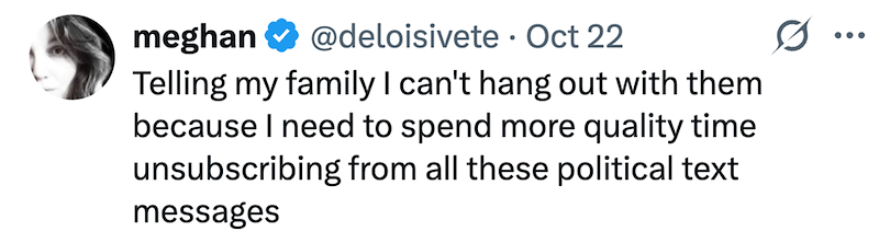 meghan @deloisivete Oct 22 • Telling my family I can't hang out with them because I need to spend more quality time unsubscribing from all these political text messages 0
