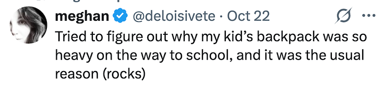 meghan @deloisivete Oct 22 • ... Tried to figure out why my kid's backpack was so heavy on the way to school, and it was the usual reason (rocks)