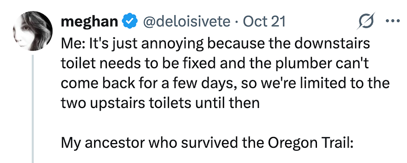 meghan @deloisivete Oct 21 • Ø Me: It's just annoying because the downstairs toilet needs to be fixed and the plumber can't come back for a few days, so we're limited to the two upstairs toilets until then My ancestor who survived the Oregon Trail: ...