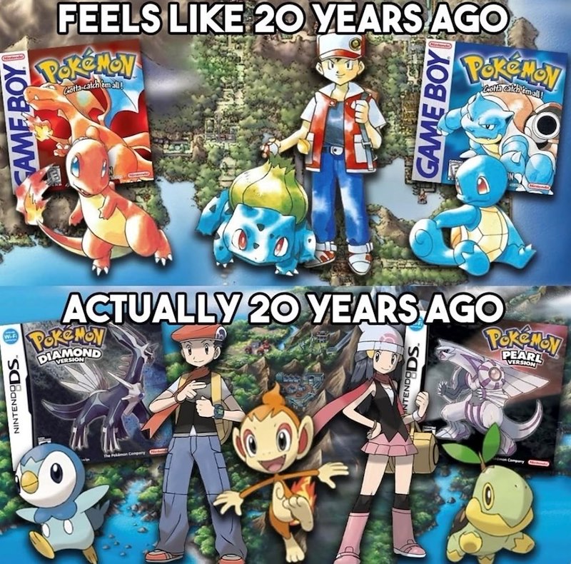 NINTENDODSO The Pokiman Company AME BOY FEELS LIKE 20 YEARS AGO POKEMON Gotta catch 'em all! GAME BOY PokeMoy Grotta catch 'em all! ACTUALLY 20 YEARS AGO PokeMoy DIAMOND INTENDODS. PokeMoy PEARL VERSION