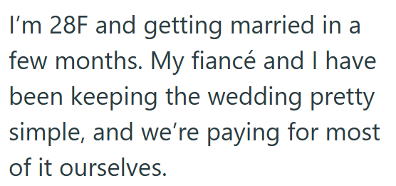 I'm 28F and getting married in a few months. My fiancé and I have been keeping the wedding pretty simple, and we're paying for most of it ourselves.