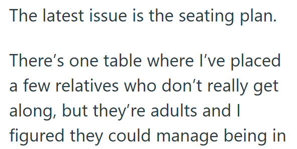 The latest issue is the seating plan. There's one table where I've placed a few relatives who don't really get along, but they're adults and I figured they could manage being in