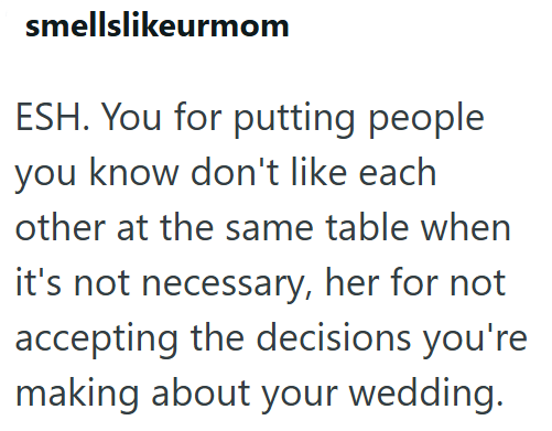 smellslikeurmom ESH. You for putting people you know don't like each other at the same table when it's not necessary, her for not accepting the decisions you're making about your wedding.